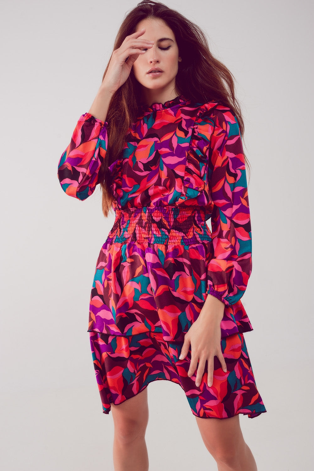 Layered frill mini dress in fucshia floral Q2 Dresses BoutiqueLua