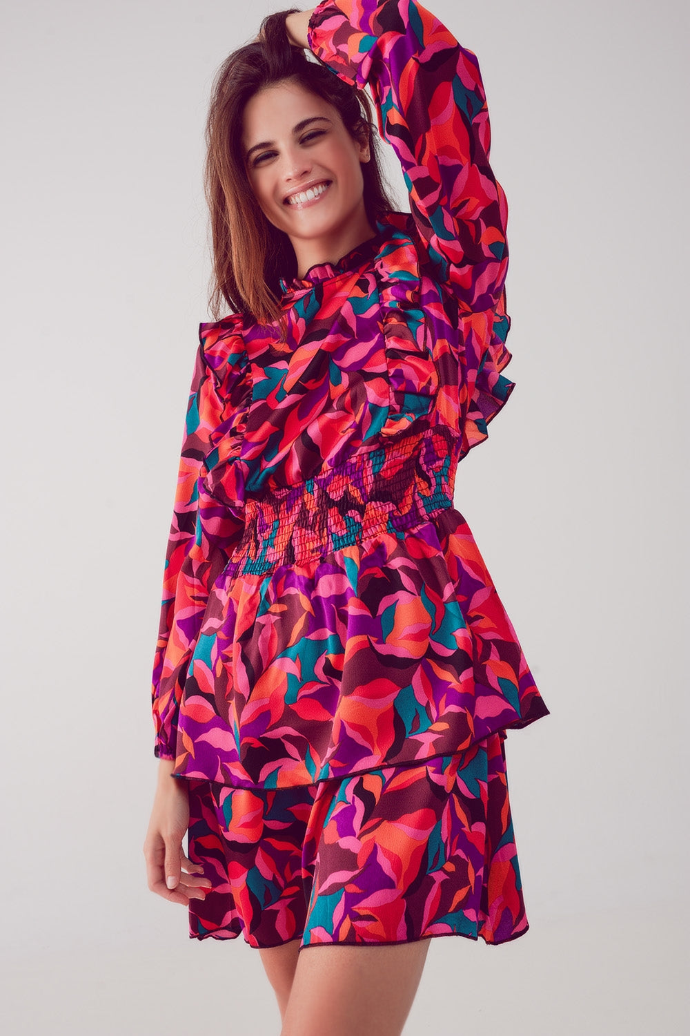 Layered frill mini dress in fucshia floral Q2 Dresses BoutiqueLua