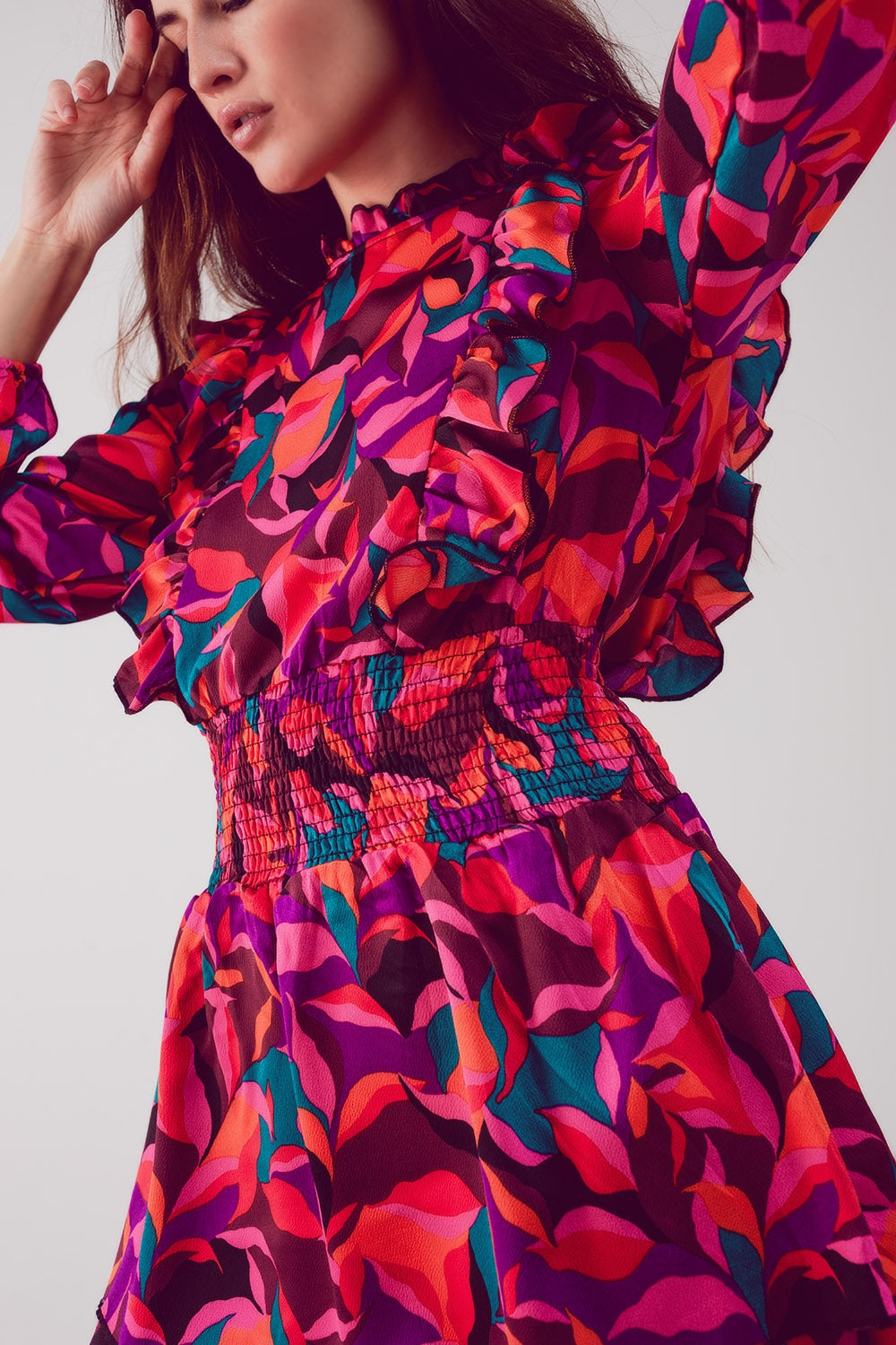 Layered frill mini dress in fucshia floral Q2 Dresses BoutiqueLua