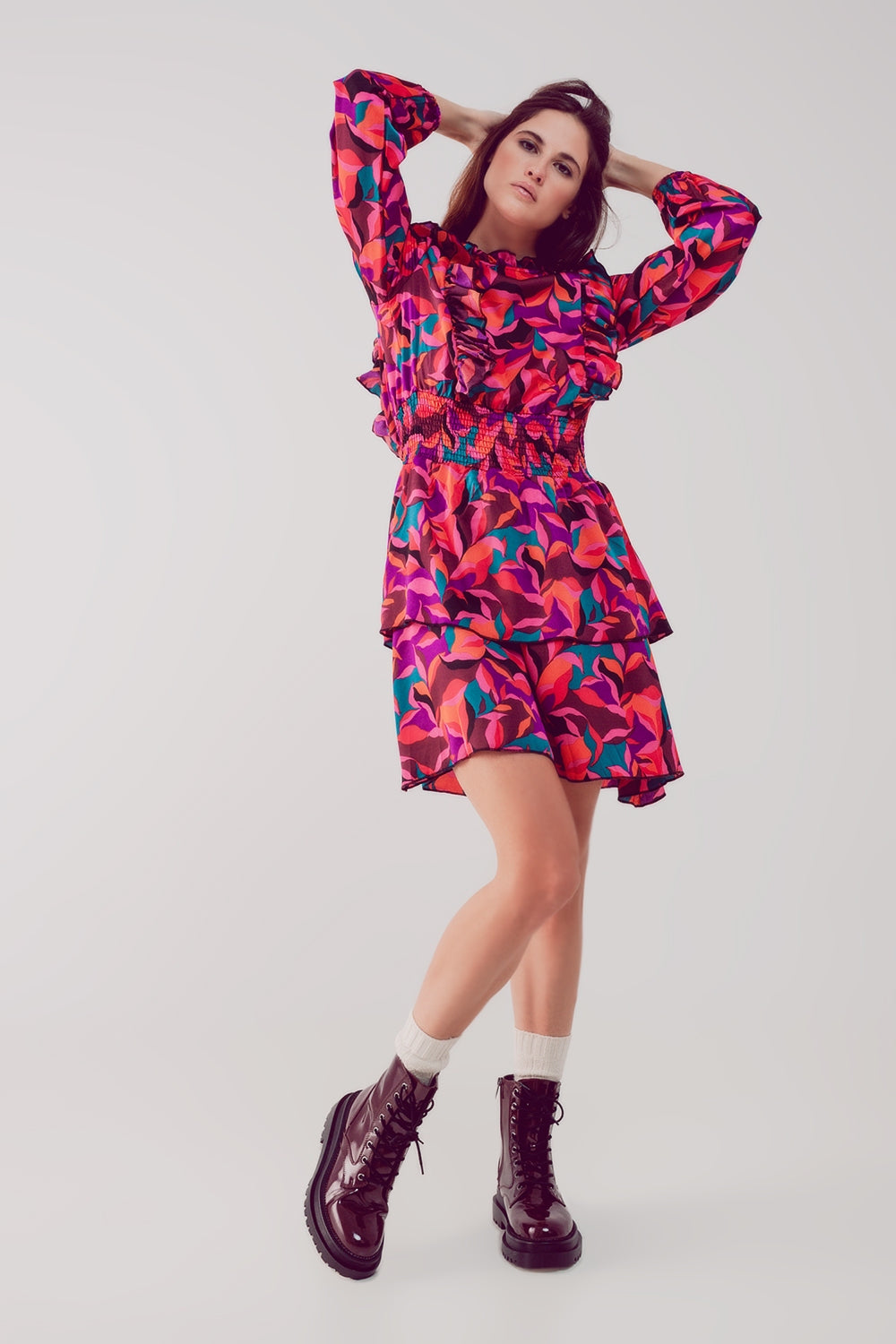 Layered frill mini dress in fucshia floral Q2 Dresses BoutiqueLua