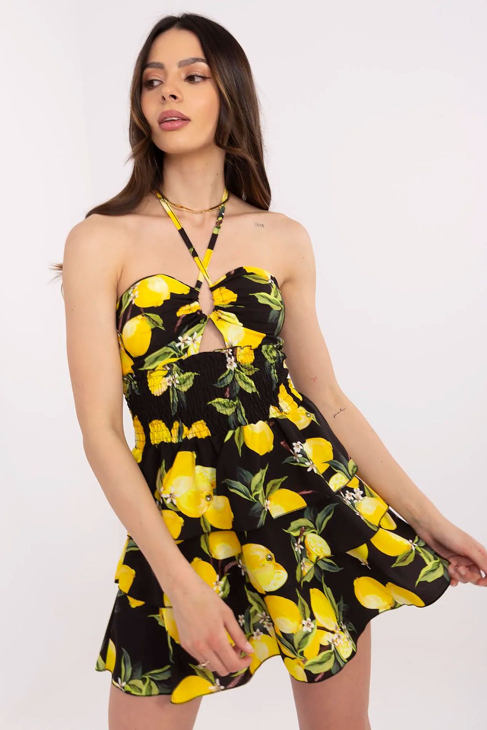 Lemon Print Summer Dress with Halter Neck black one-size-fits-all - Dresses
