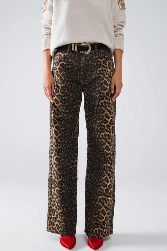 Leopard Print Straight Leg Jeans - Pants