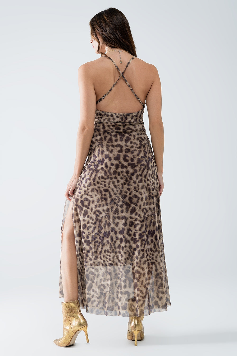 Robe à bretelles léopard en tissu mesh