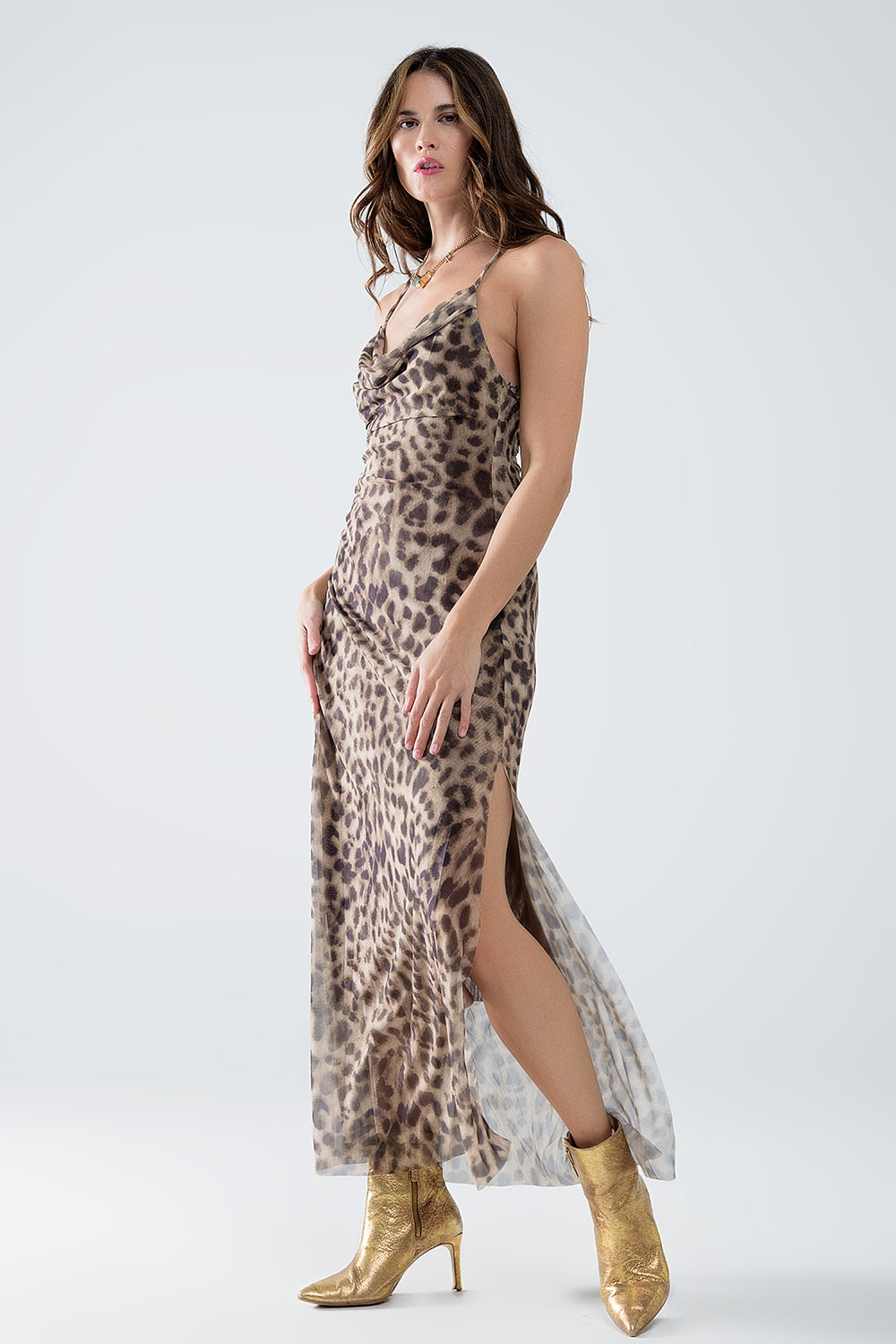 Robe à bretelles léopard en tissu mesh