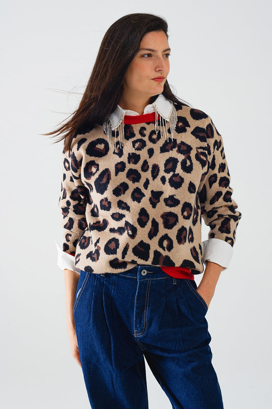 Leopard sweater with red detail on the neck and sleeves - Sweaters
