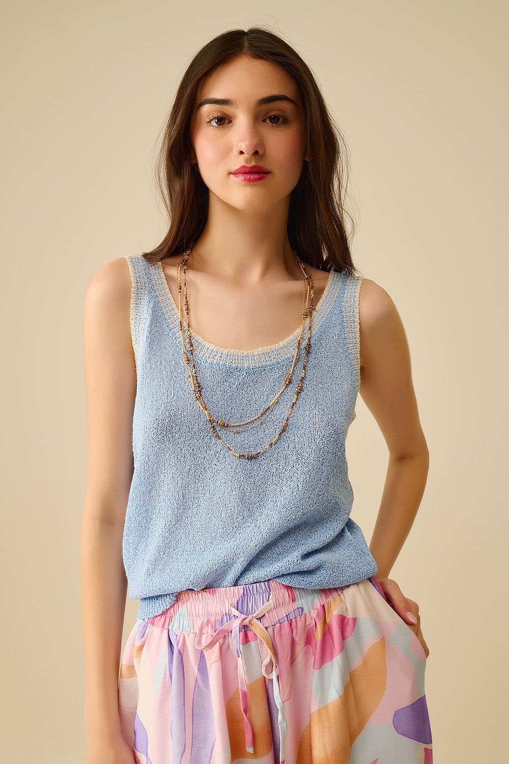 Light Blue Knit Tank Top with White Trim - Tops