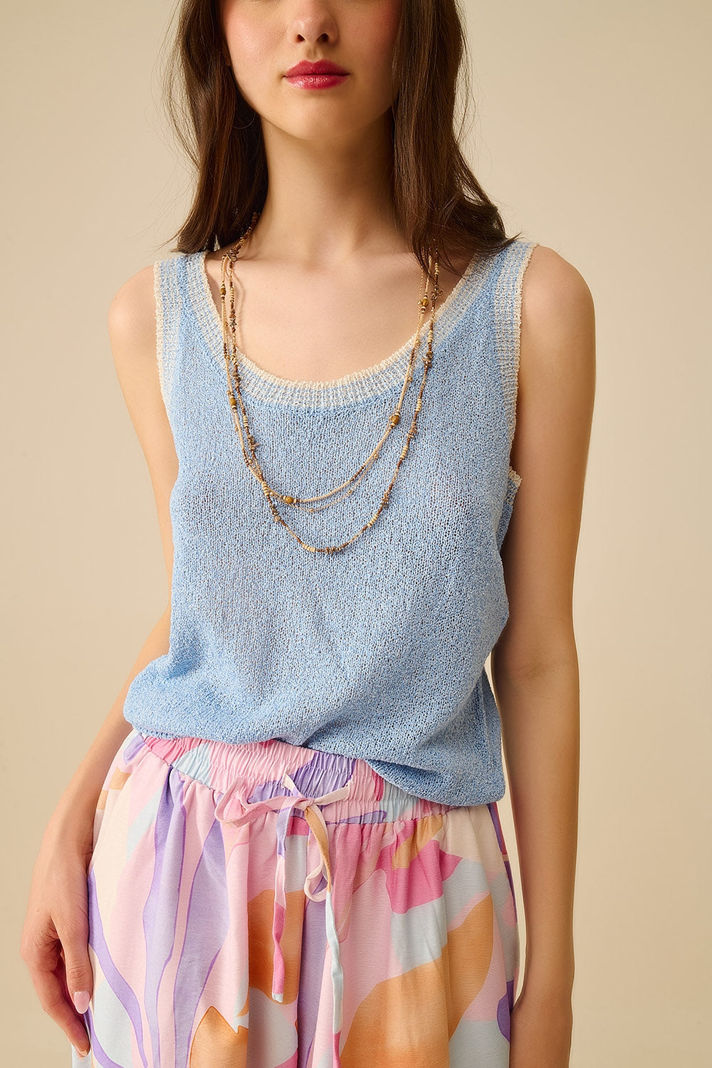 Light Blue Knit Tank Top with White Trim - Tops