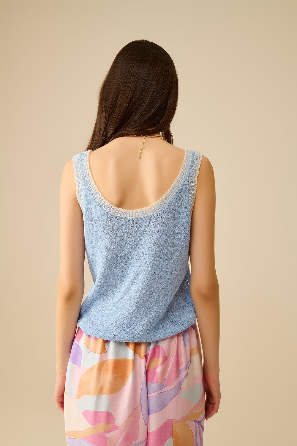 Light Blue Knit Tank Top with White Trim - Tops