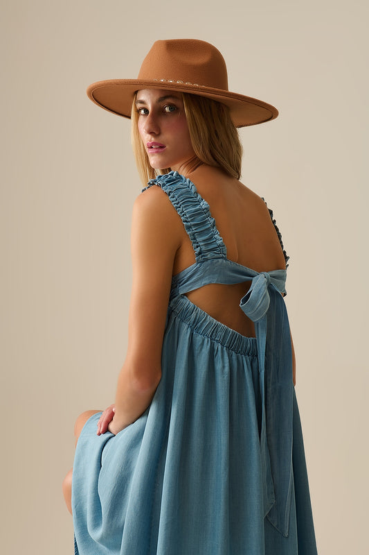 Light Blue maxi Dress with Ruffled Straps in tencel fabric - Dresses