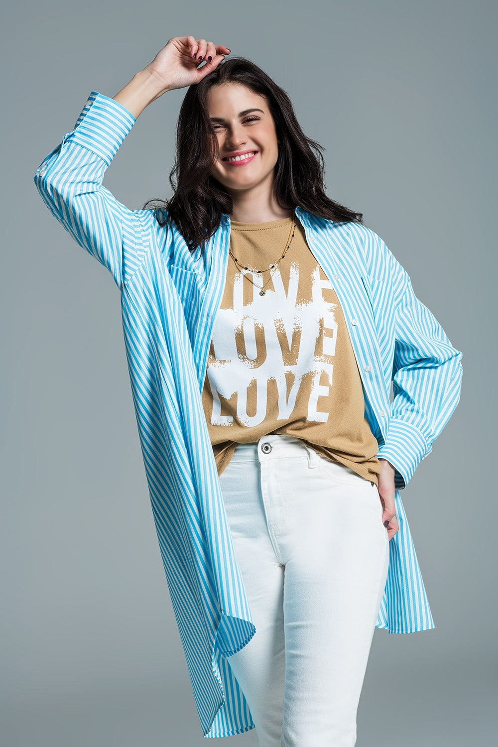 Light blue oversized blouse with white stripes - Blouses