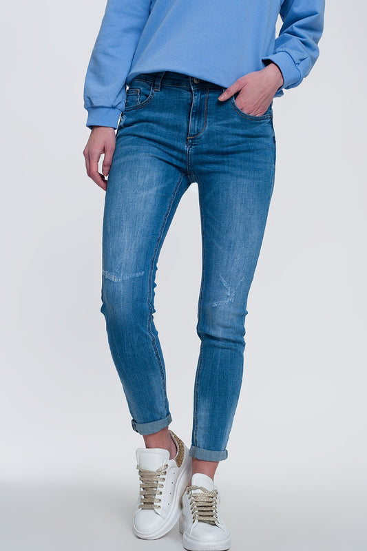 light denim skinny jeans with folded ankles and ripped detail - Jeans
