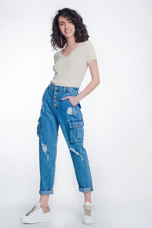 Light denim straight jeans ripped with side pockets - Jeans