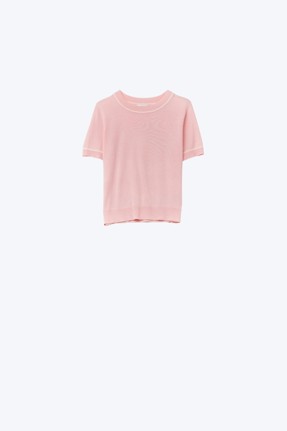 Light Pink Short Sleeve Knit Top with White Contrast Trims - Sweaters