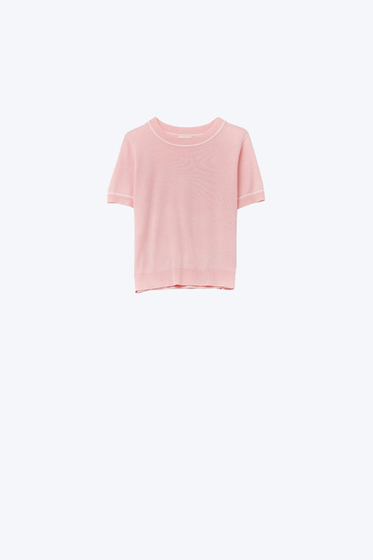 Light Pink Short Sleeve Knit Top with White Contrast Trims - Sweaters