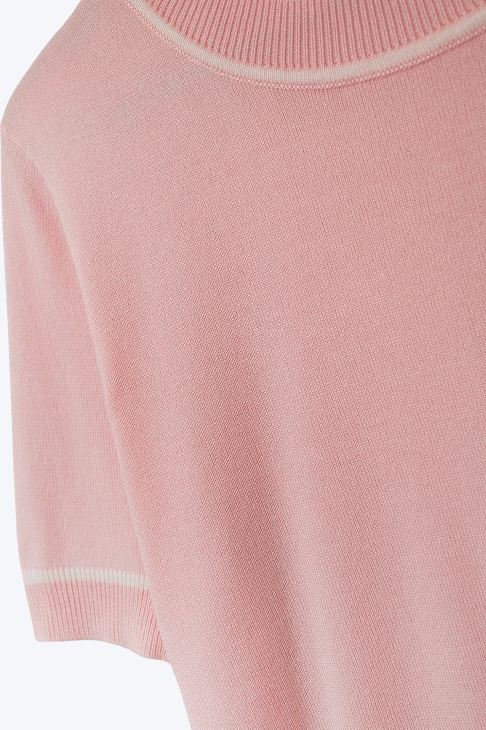 Light Pink Short Sleeve Knit Top with White Contrast Trims - Sweaters