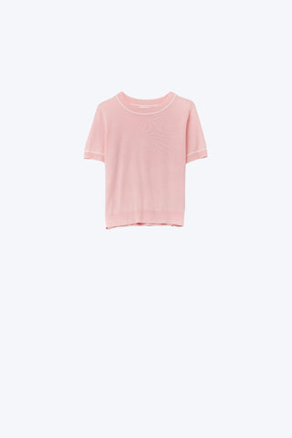 Light Pink Short Sleeve Knit Top with White Contrast Trims