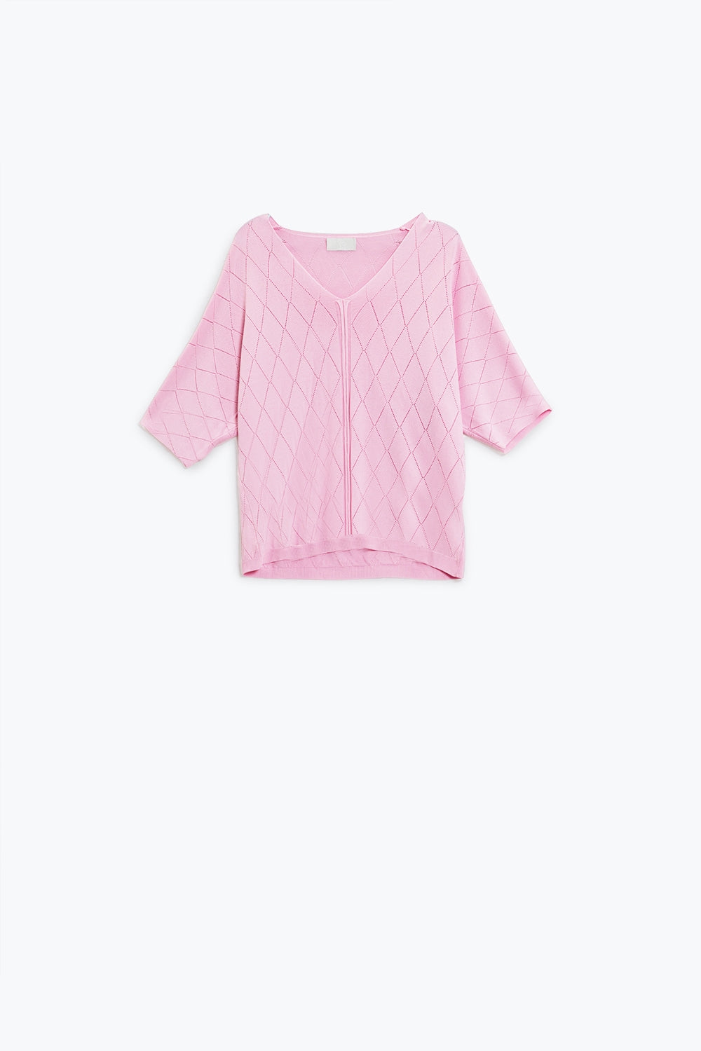 Light Pink Short Sleeve Sweater With Argyle Pattern - Jumpers