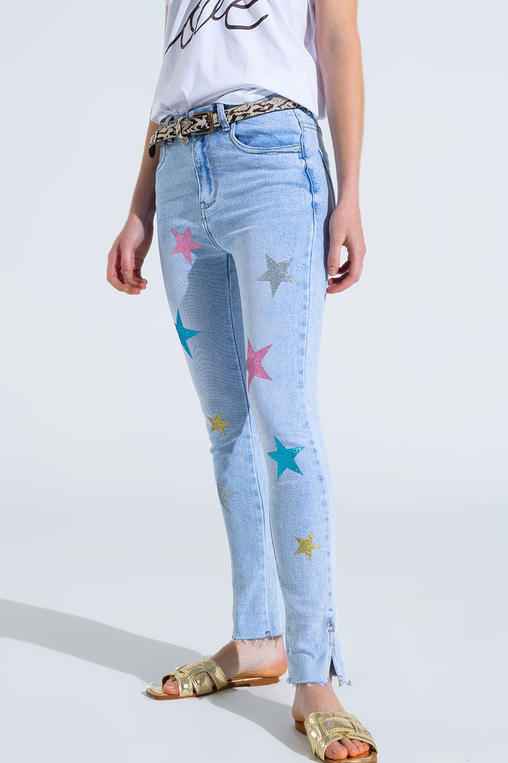 Light Wash Skinny Jeans With Stars On The Legs - Jeans