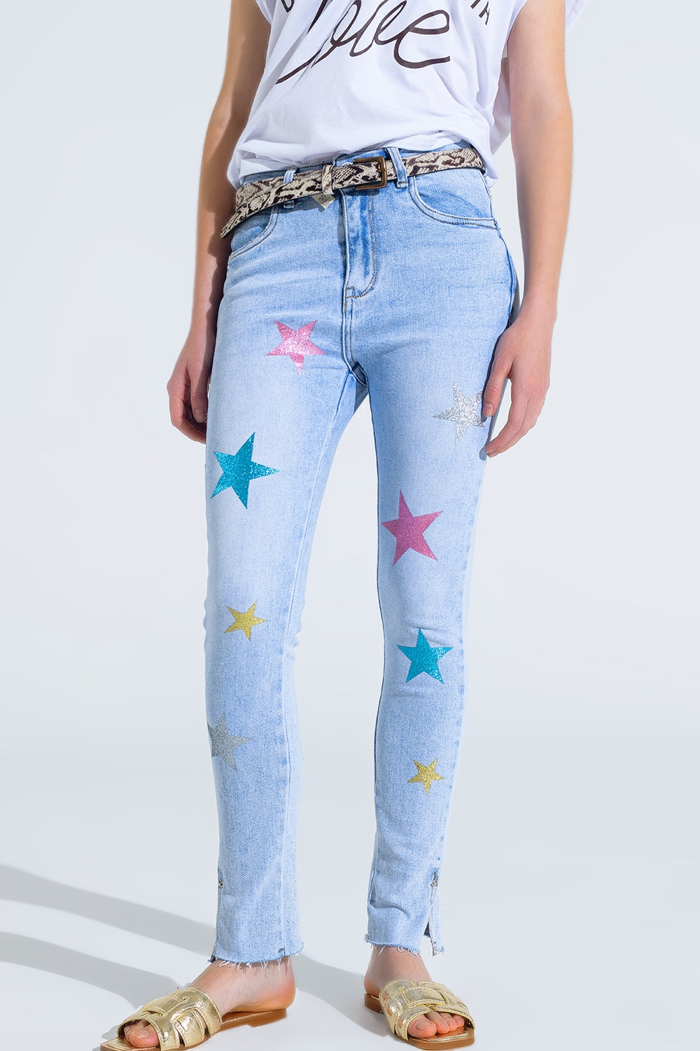 Light Wash Skinny Jeans With Stars On The Legs - Jeans