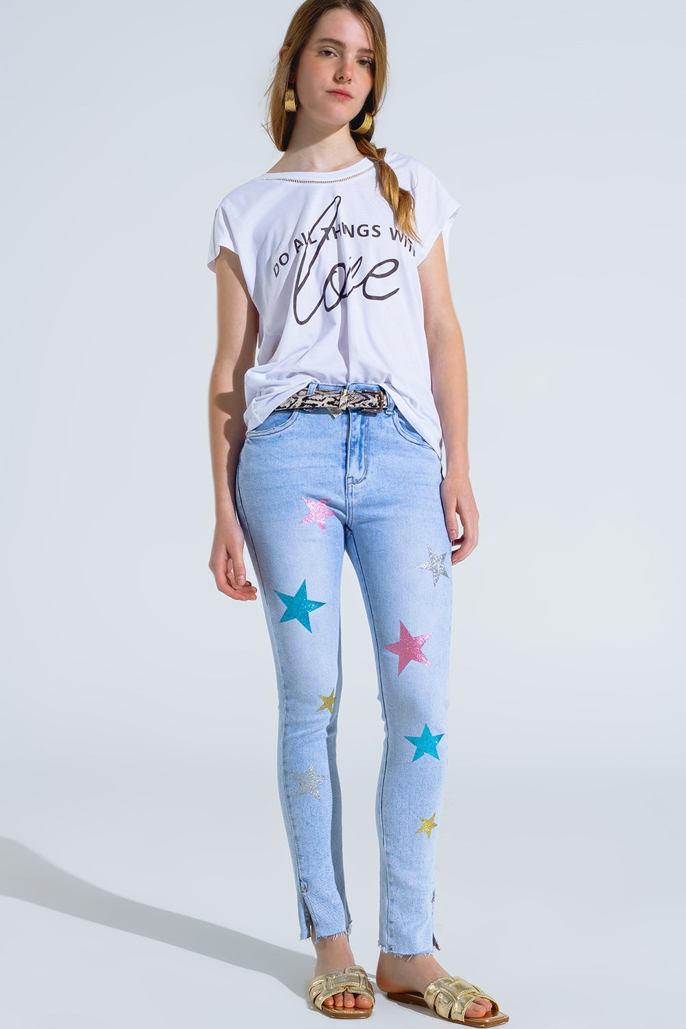 Light Wash Skinny Jeans With Stars On The Legs - Jeans