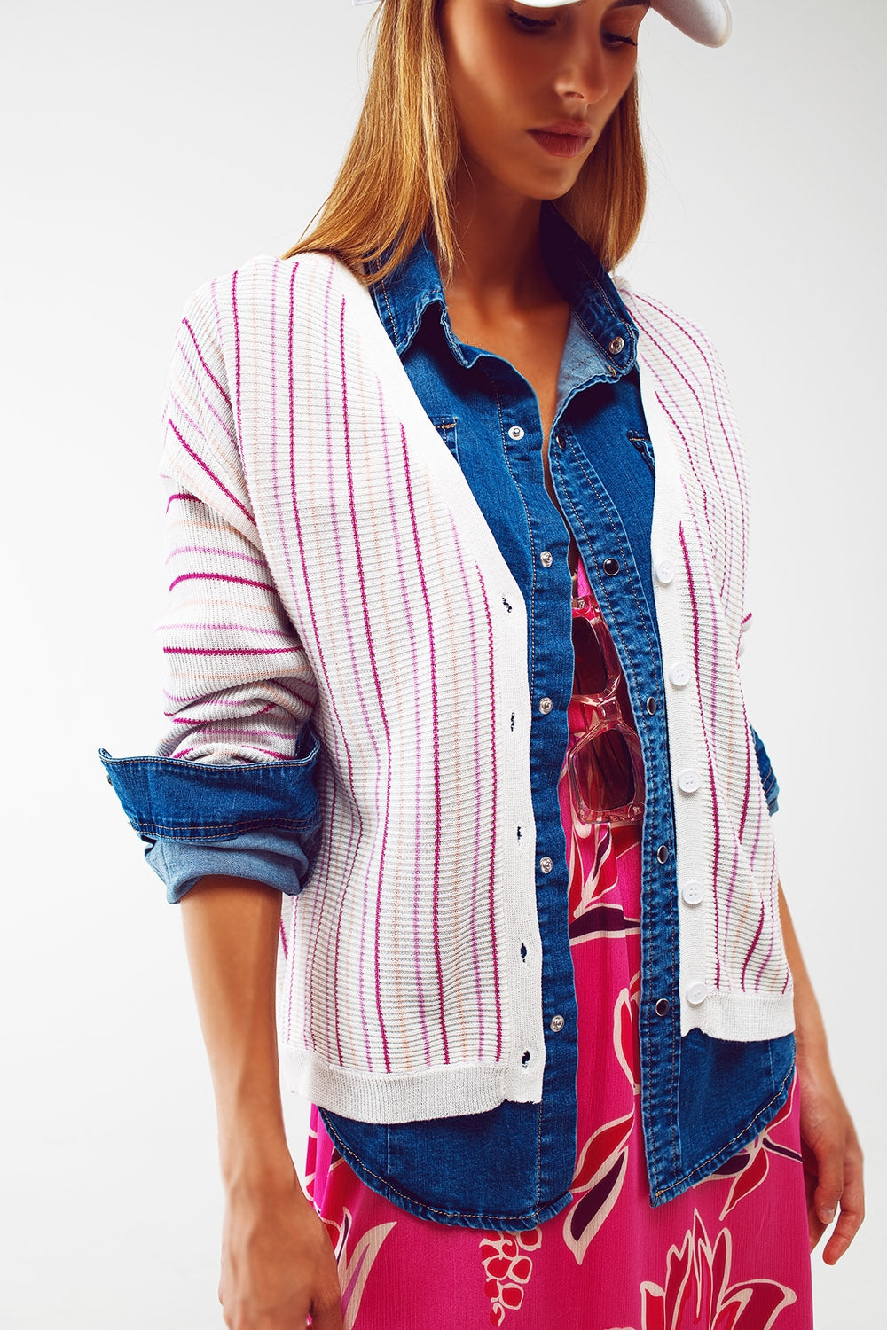 Lightweight knit cardi in pink stripe Q2 Sweaters BoutiqueLua