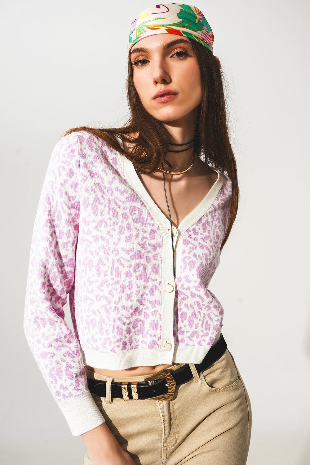 Lightweight knitted cardigan in lilac animal print Q2 Sweaters BoutiqueLua