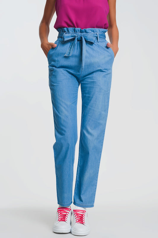Lightweight Paperbag tie waist jean in light blue - Jeans