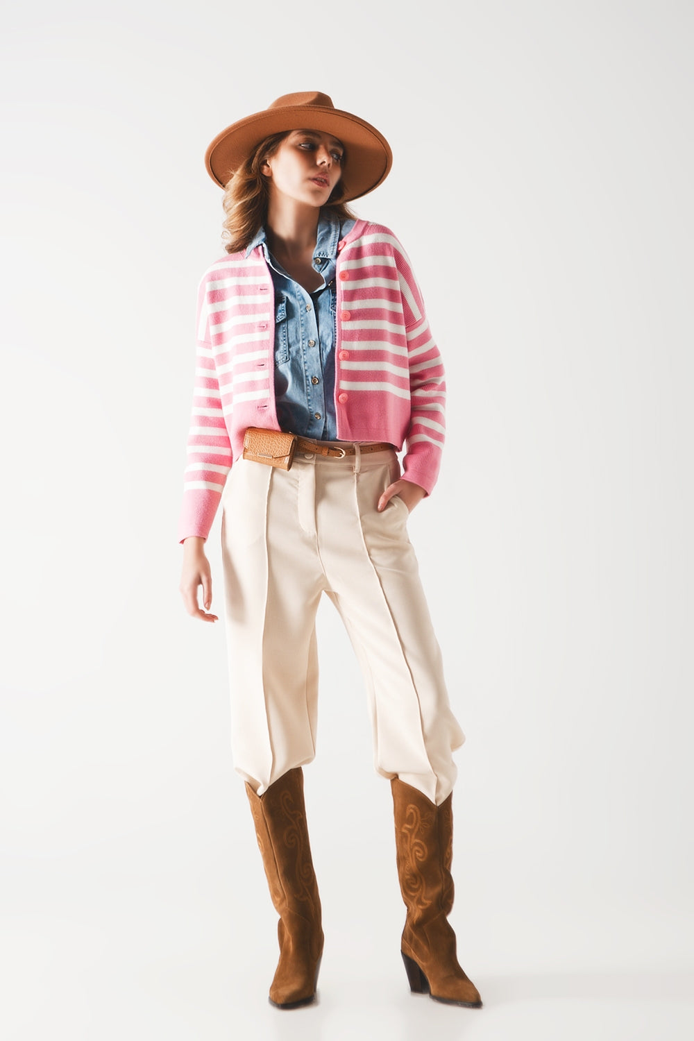 Lightweight stripe cardigan in pink Q2 Sweaters BoutiqueLua