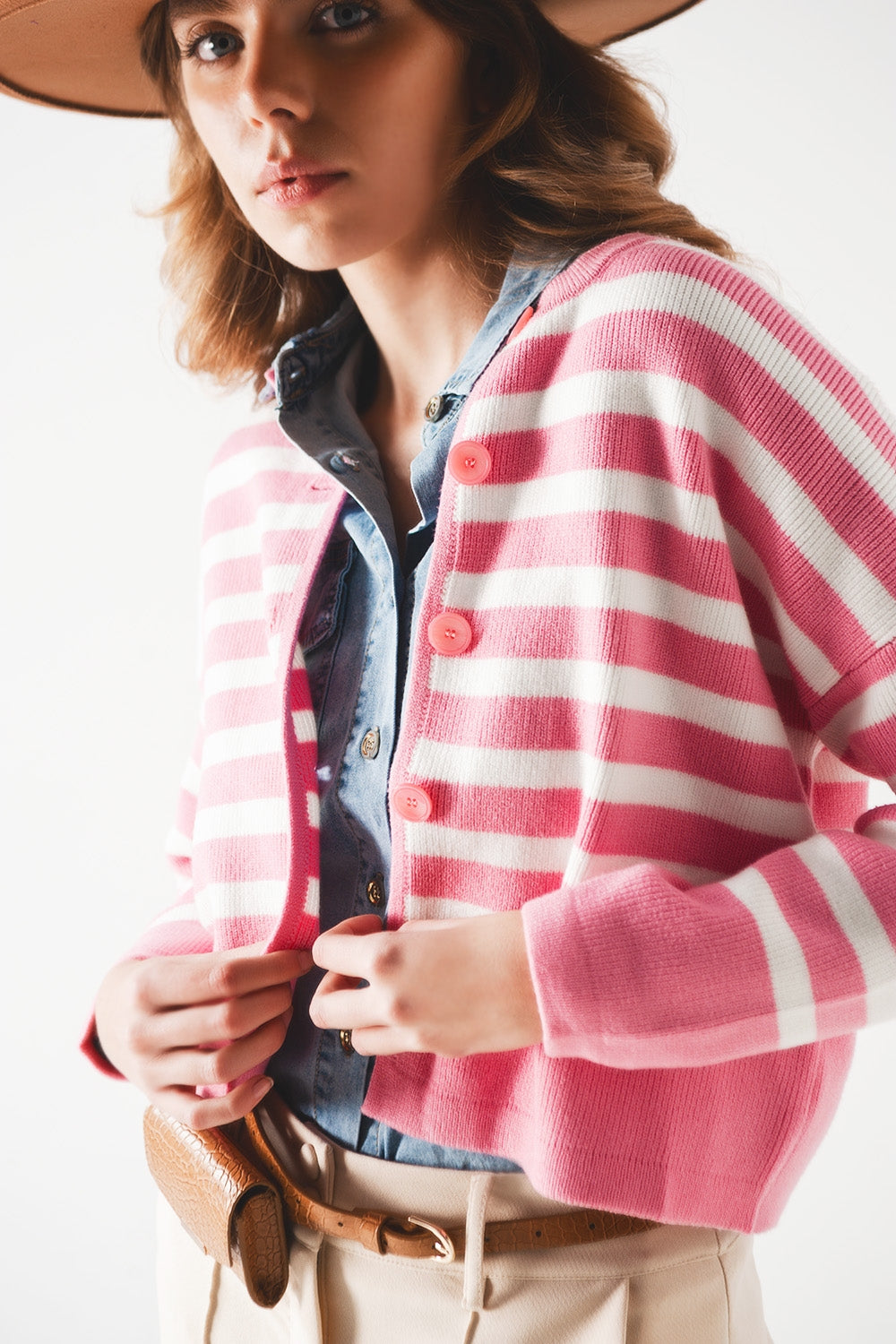 Lightweight stripe cardigan in pink Q2 Sweaters BoutiqueLua