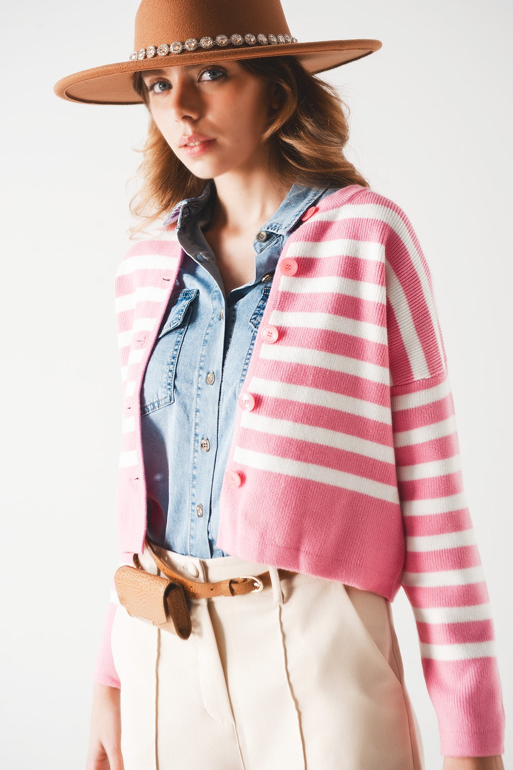 Lightweight stripe cardigan in pink Q2 Sweaters BoutiqueLua