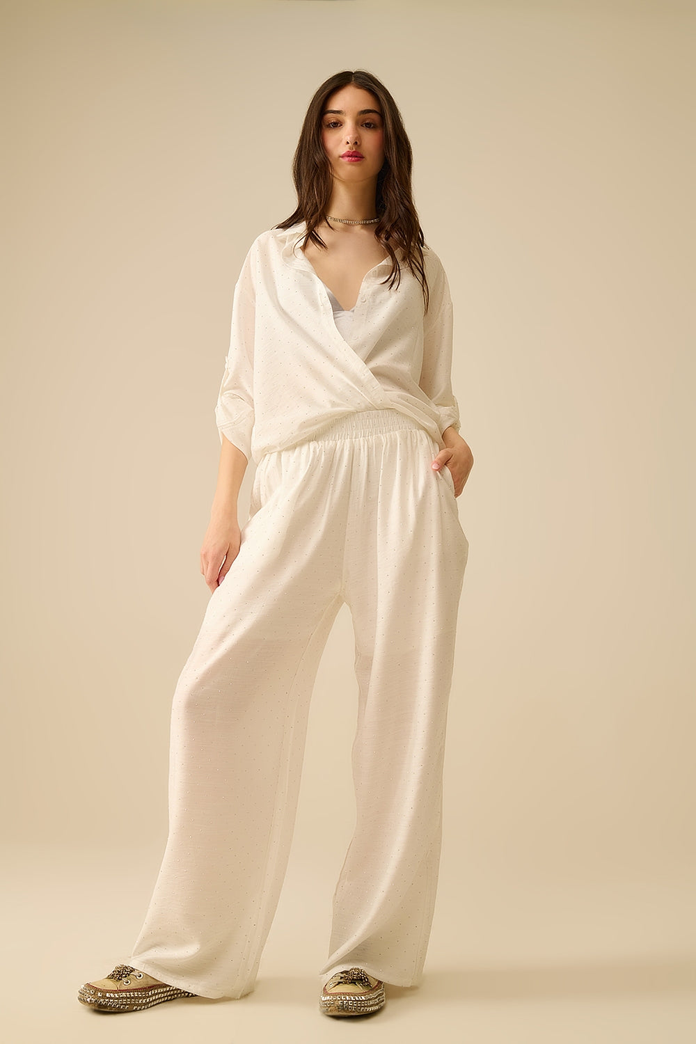 Lightweight wide-legged white pants with strass details - Trousers