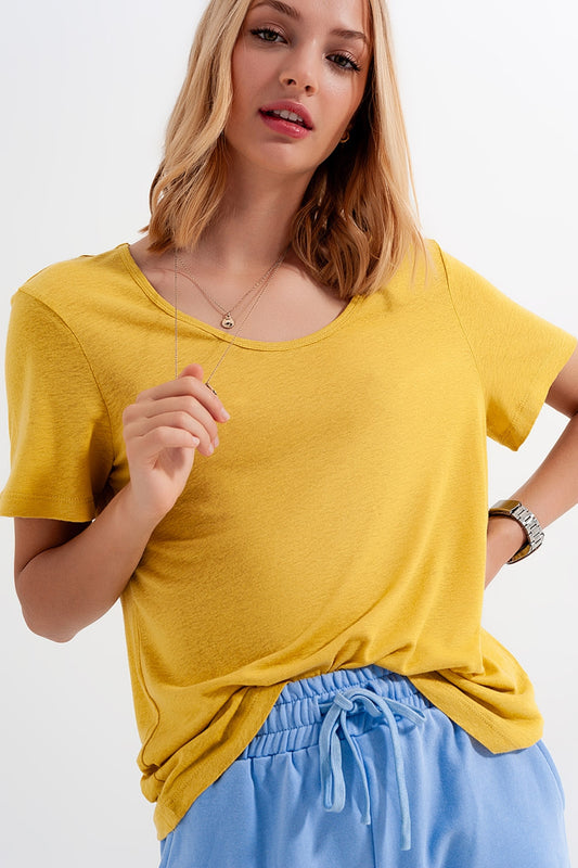 Linen mix scoop front t-shirt in Yellow - T-Shirts