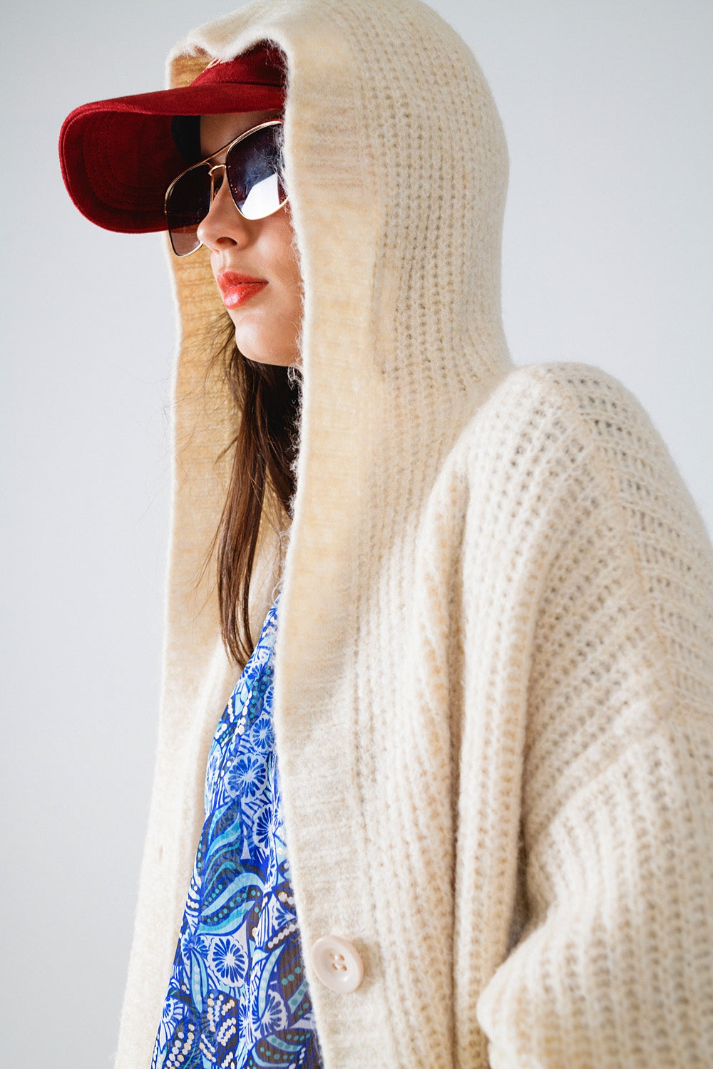 Long Ribbed Cardigan With Pockes and Hood in Cream - Cardigans