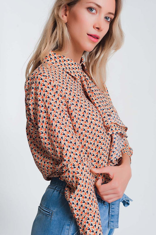Long sleeve blouse with ruffle detail in beige - Blouses