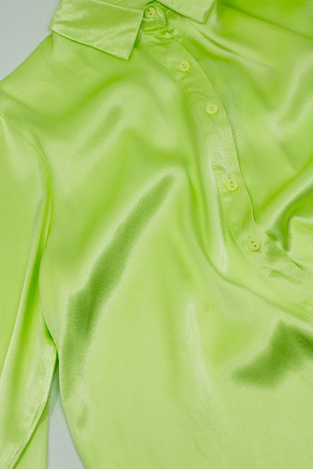 Long Sleeve Button Up satin Blouse With Polo Collar In The Color Lime Q2 Shirts BoutiqueLua