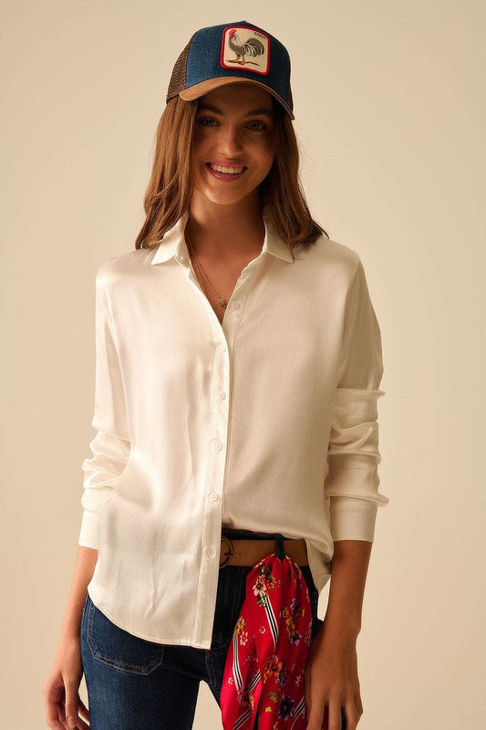 Long Sleeve Button Up satin Blouse With Polo Collar In white color - Shirts