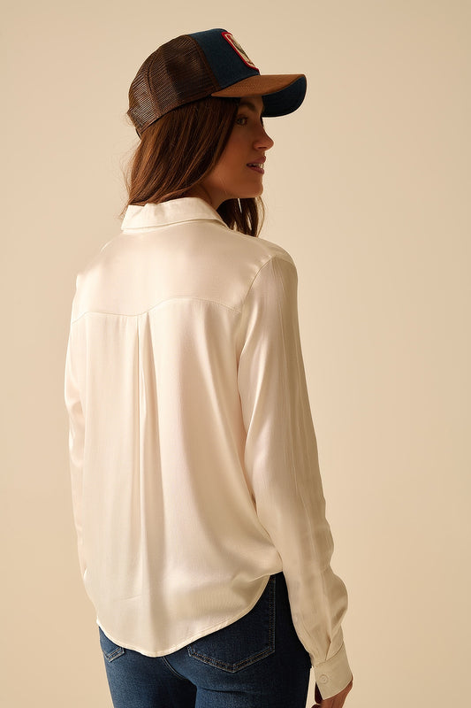 Long Sleeve Button Up satin Blouse With Polo Collar In white color - Shirts