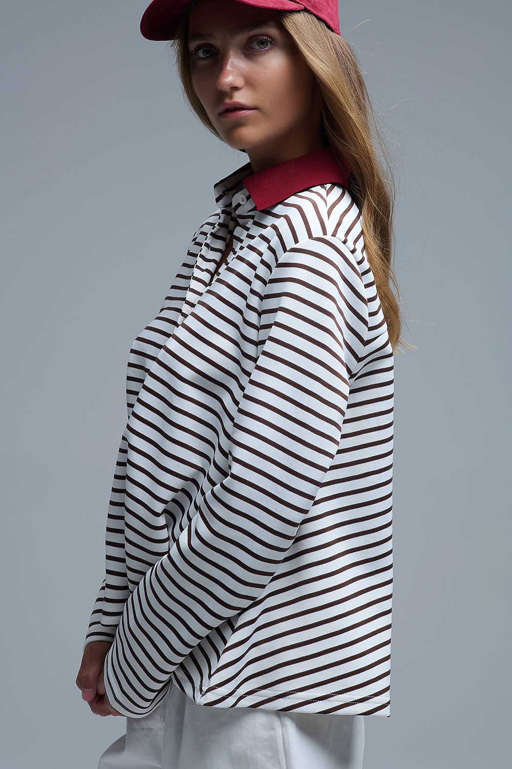 Long Sleeve Relaxed Striped Polo Sweater in White and Brown - Sweaters