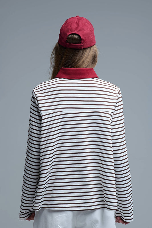 Long Sleeve Relaxed Striped Polo Sweater in White and Brown - Sweaters