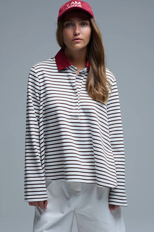 Long Sleeve Relaxed Striped Polo Sweater in White and Brown - Sweaters