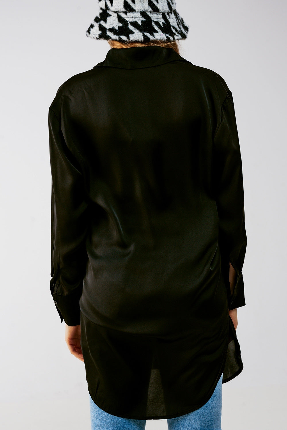Long sleeve satin button front shirt in black Q2 Shirts BoutiqueLua