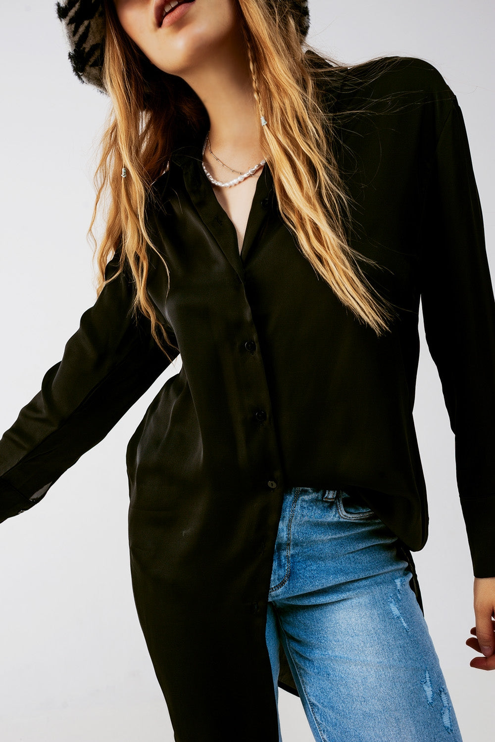 Long sleeve satin button front shirt in black Q2 Shirts BoutiqueLua