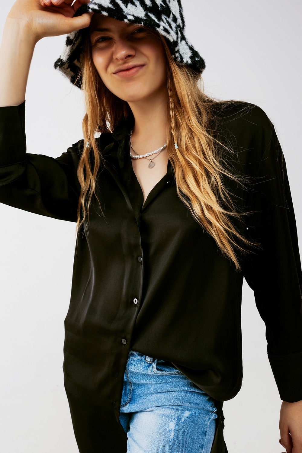 Long sleeve satin button front shirt in black Q2 Shirts BoutiqueLua