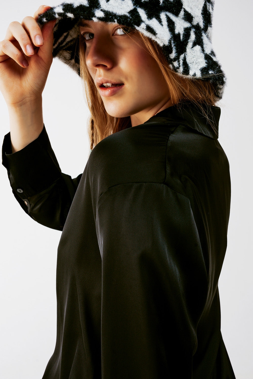 Long sleeve satin button front shirt in black Q2 Shirts BoutiqueLua