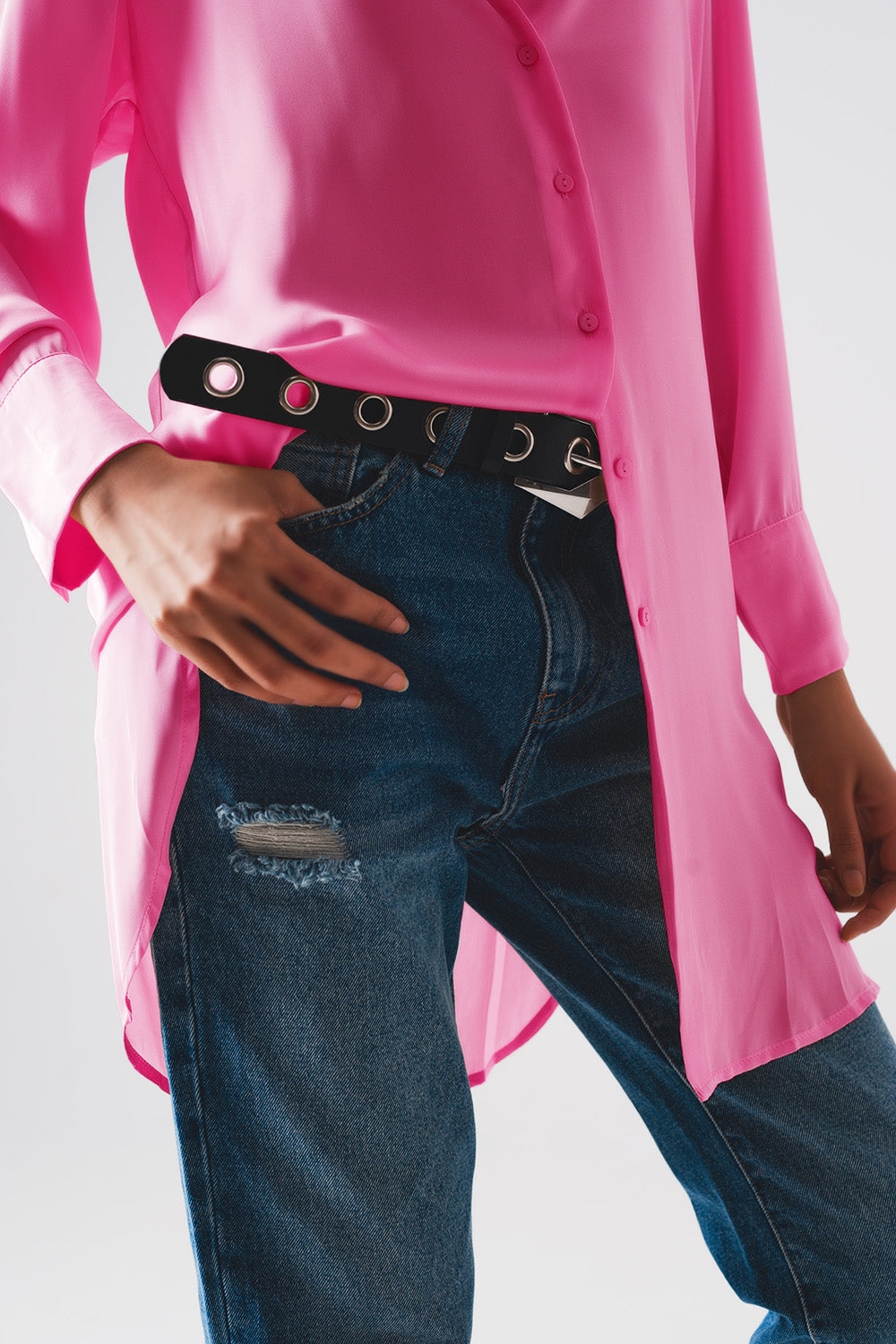 Long sleeve satin button front shirt in pink Q2 Shirts BoutiqueLua