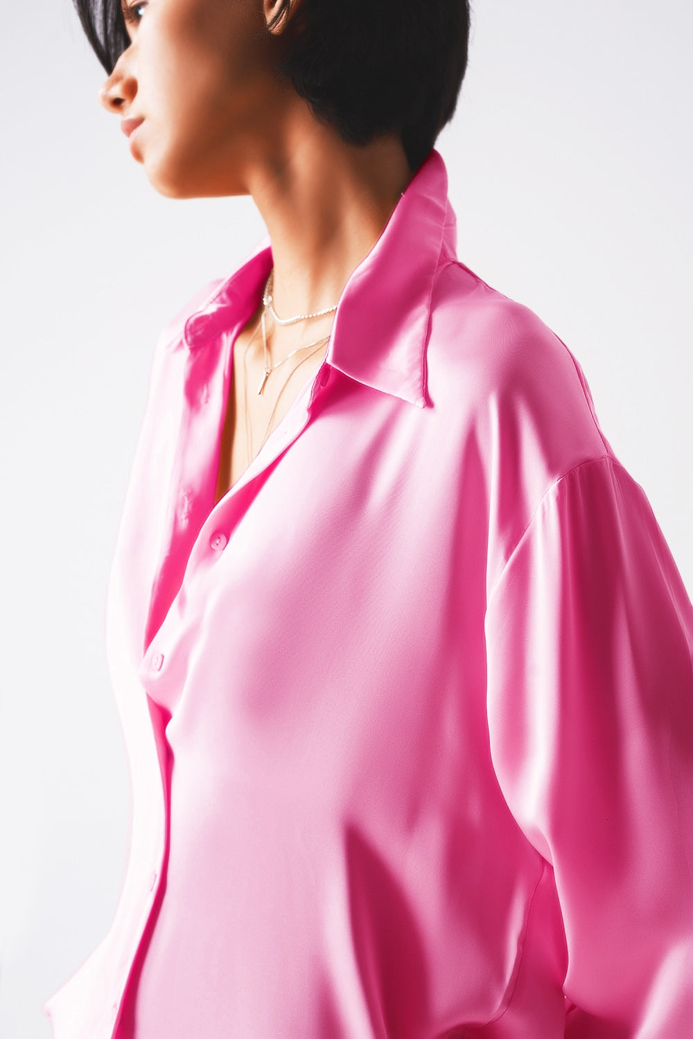 Long sleeve satin button front shirt in pink Q2 Shirts BoutiqueLua