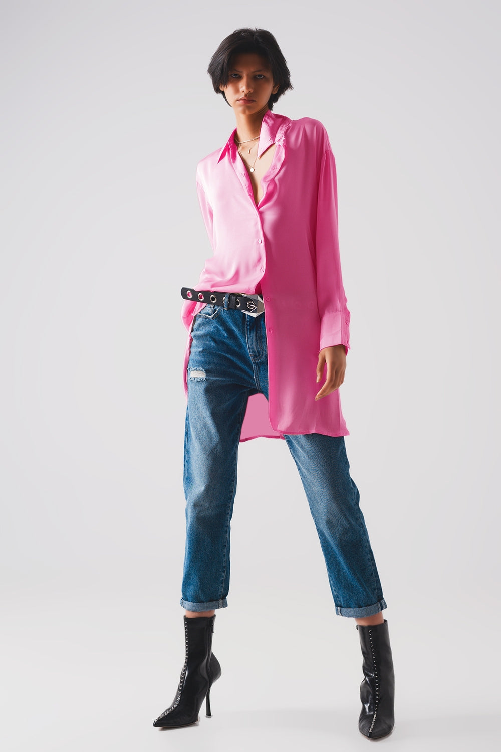 Long sleeve satin button front shirt in pink Q2 Shirts BoutiqueLua