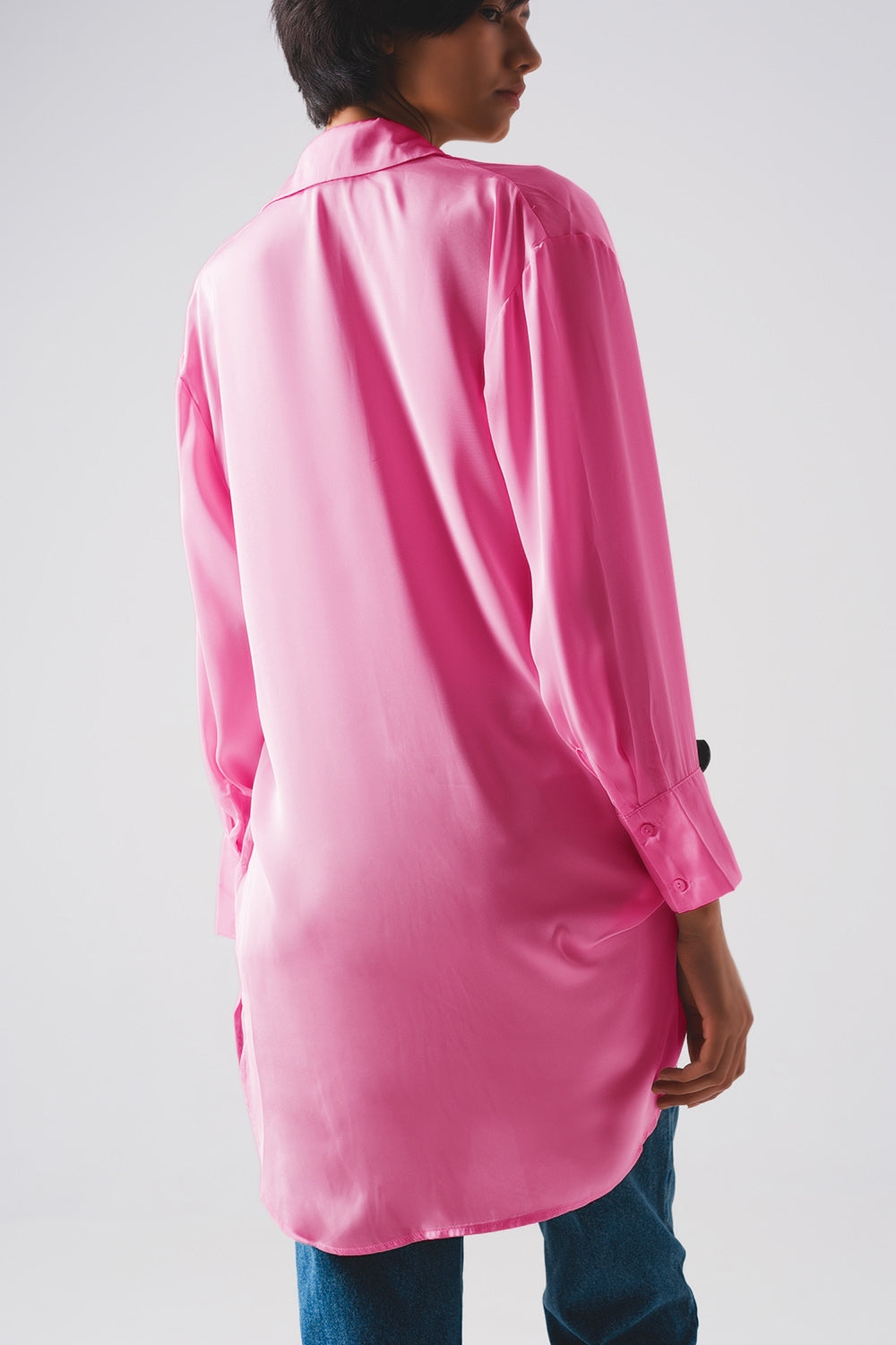 Long sleeve satin button front shirt in pink Q2 Shirts BoutiqueLua