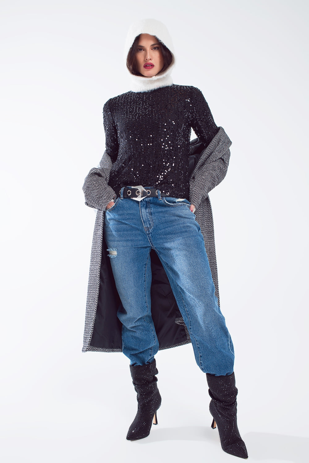 Long sleeve sequin top in black Q2 Tops BoutiqueLua