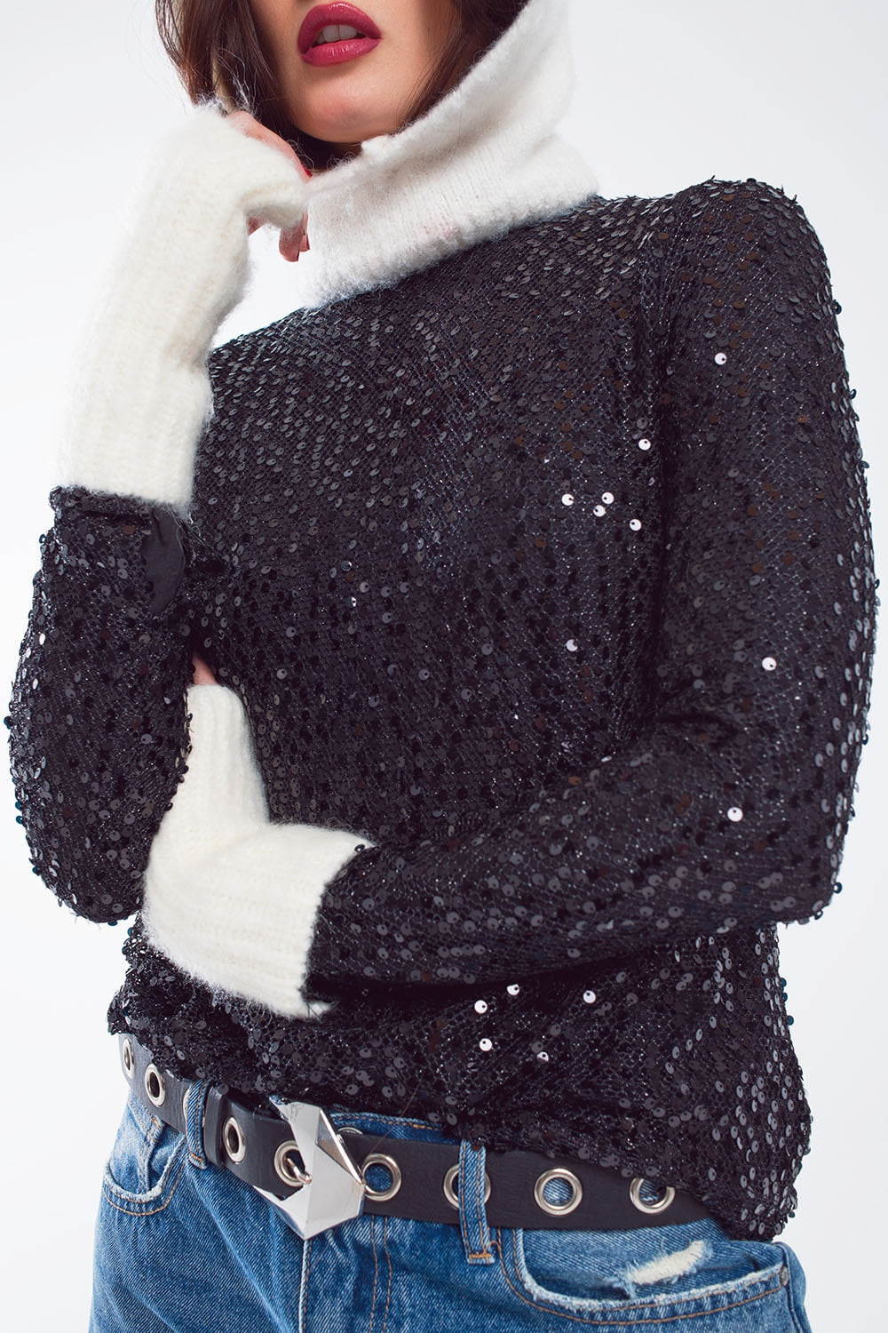 Long sleeve sequin top in black Q2 Tops BoutiqueLua